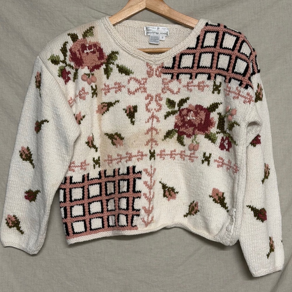 Jennifer Reed Vintage Knitted by Hand Floral Ramie Cotton Sweater Women's S